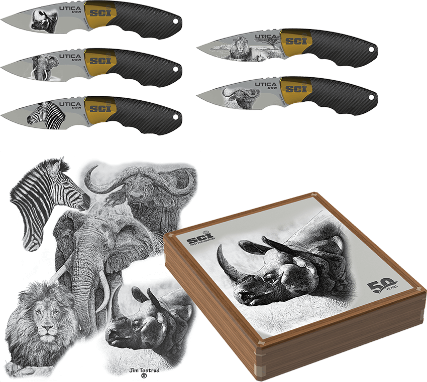5 Fixed Blade Knives, Box, African Wildlife Art Print - Babe