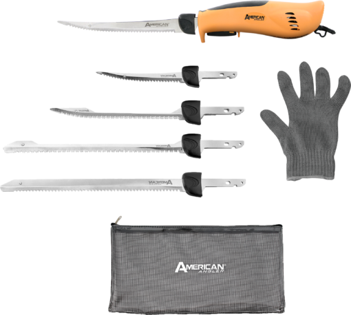 AMERICAN ANGLER PRO ELECTRIC KNIFE WITH 5 BLADES, FILLET GLOVE, AND MESH BAG